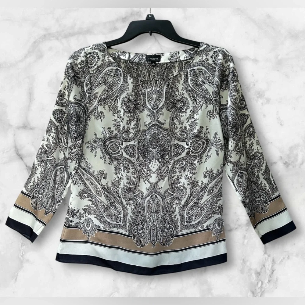 Talbots Silky Black White Tan Paisley Boho Floral Print Blouse Top Size 2P - Picture 2 of 8